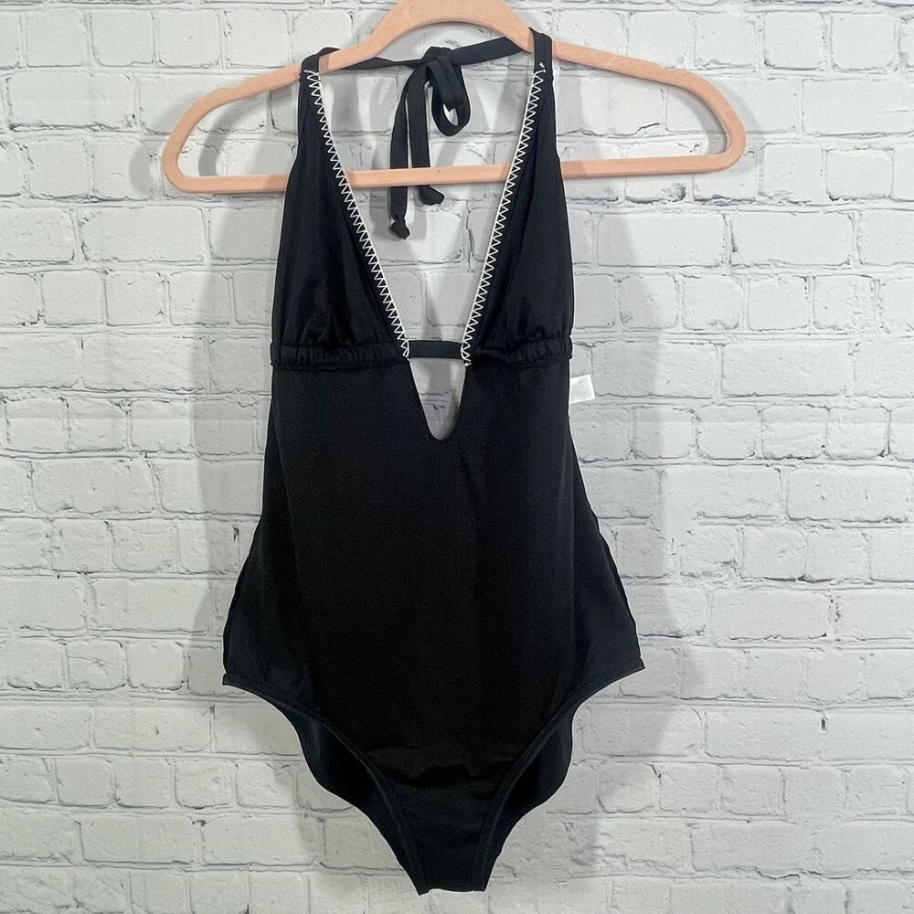 Sunseeker One Piece Swimingsuit Women Black V Neck Halter Embroidered Preppy - Picture 8 of 16